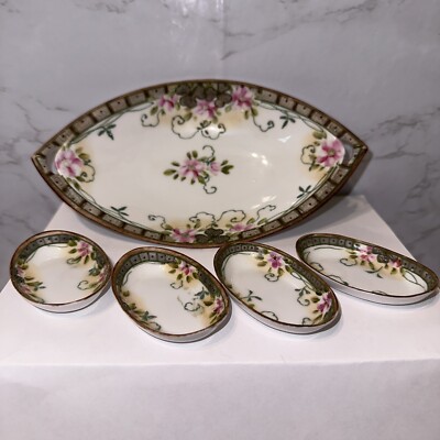Antique Nippon Hand Painted Raised Gold Celery Dish w/4 Salt Set Plates Floral