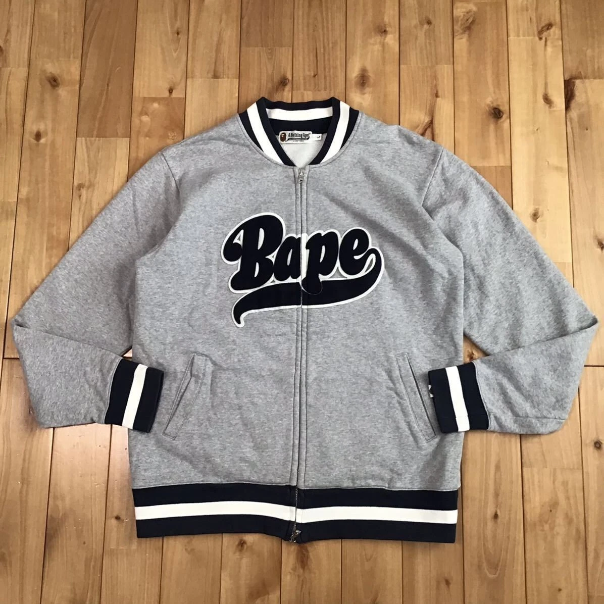 BAPE LOGO sweat zip blouson gray x navy A Bathing Ape Size L