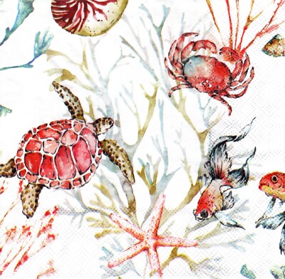 (2) Two Paper Lunch Napkins for Decoupage/Mixed Media - Sea Animals turtle crab