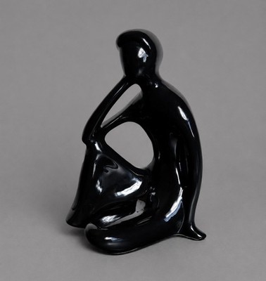 Vintage 80s Black Ceramic 9.5'' Thinking Man Sculpture Figurine Modern 1980s