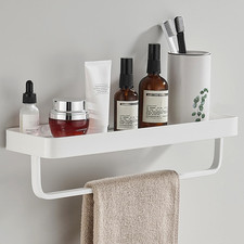15.7" Bathroom Wall Shelf with Towel Bar, White Glass Shelf, 1 Tier