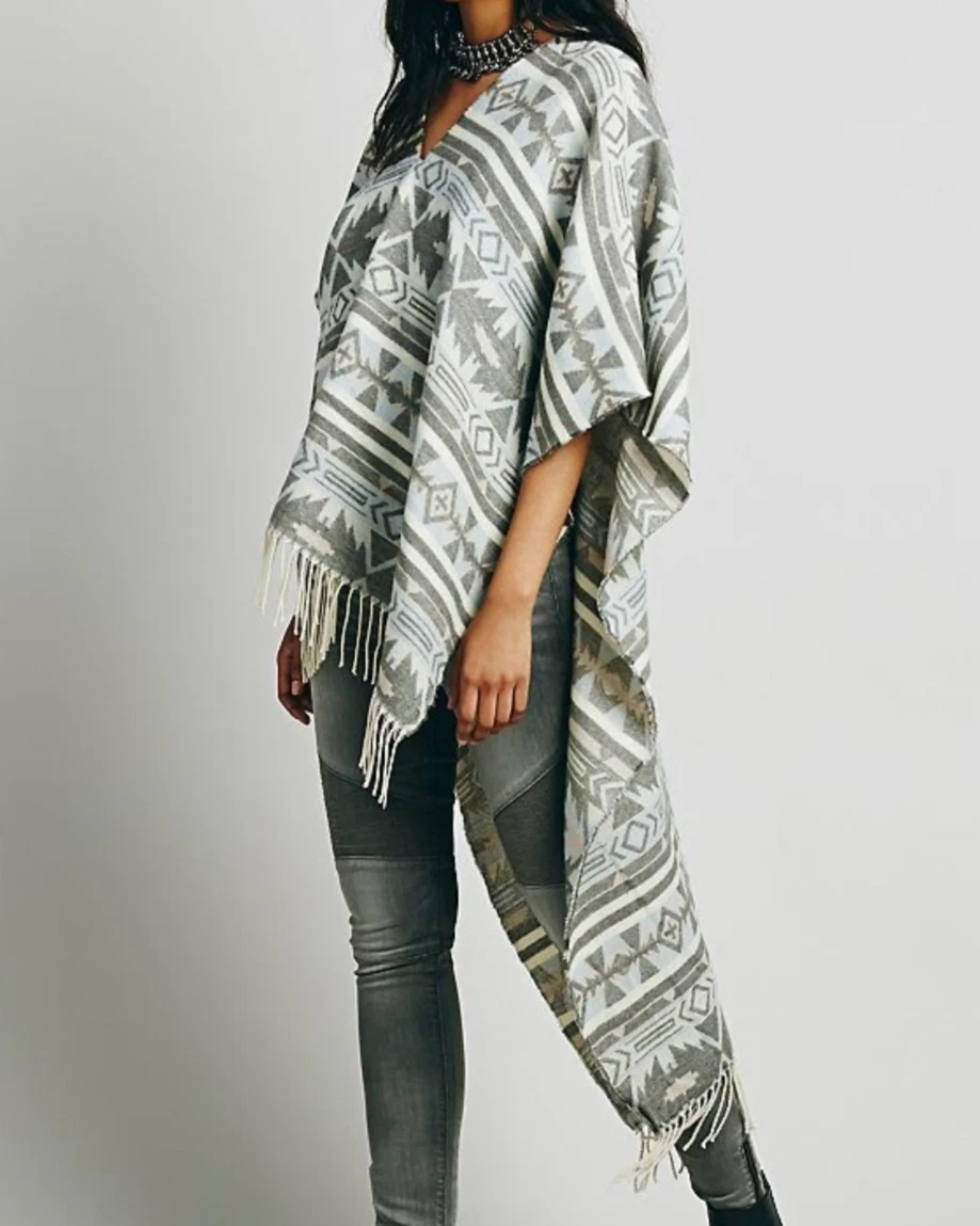 Free People Lida Fringe Aztec Print Poncho Pullover Cape Cardigan Lightweight OS