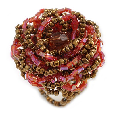 35 mm Durchmesser/Rouge Rot/Bronze Glasperlen Lagenlook Blume Flex Ring/Größe M