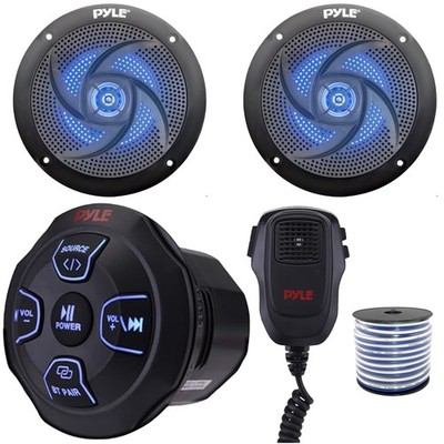 Pyle PLMRBT18MIC Marine Bluetooth Receiver, 2x 4'' 100W Max 2-Way LED Speakers