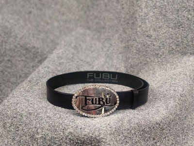 Vintage FUBU leather belt oval buckle decorated with rhinestones rap style 2000s