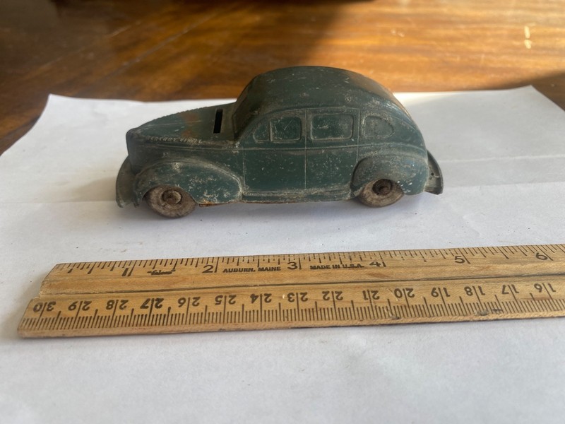 Promotional 1939 Mercury Eight Pressed Tin Car Coin Bank w/ Original Wood Wheels