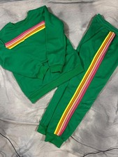 Women's Retro Striped Lounge Set Sweatshirt and Joggers in Kelly Green, Size M,