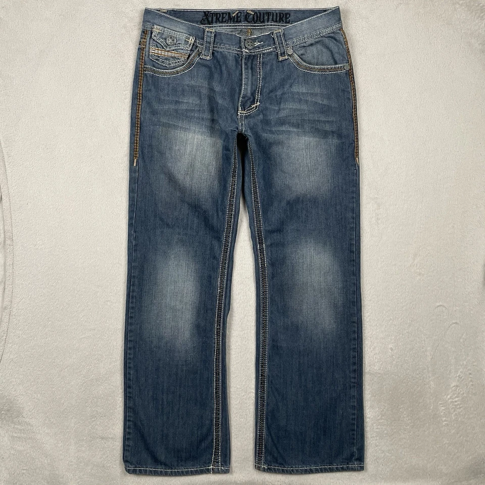 Pantalones de mezclilla Xtreme Couture para hombre 32x29 azul pierna recta bordados solapa bolsillo Y2K Foto 2 de 4