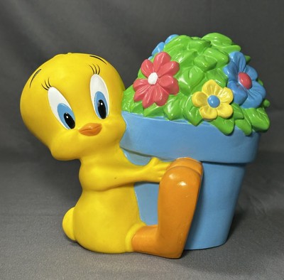 Vintage Tweety Bird Vinyl Coin Bank Flower Pot Warner Bros. Studio Store Looney