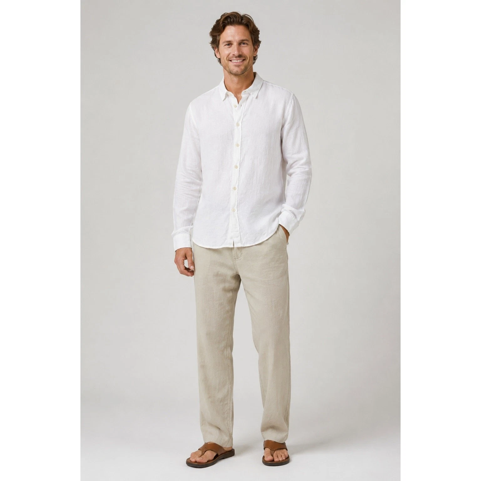 Flax Mens Linen Long Sleeve Button Front Collared Shirt Size Small White New