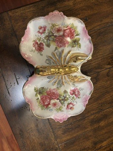 RARO Antiguo Plato de Langosta Oro Rosa Floral Dos Caras con Asa Cuencos - Imagen 4 de 9