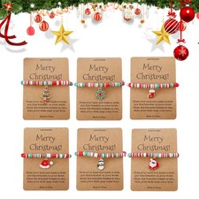 6pcs Women Heishi Surfer Merry Christmas Beaded Stretch Bracelets with Card Gift