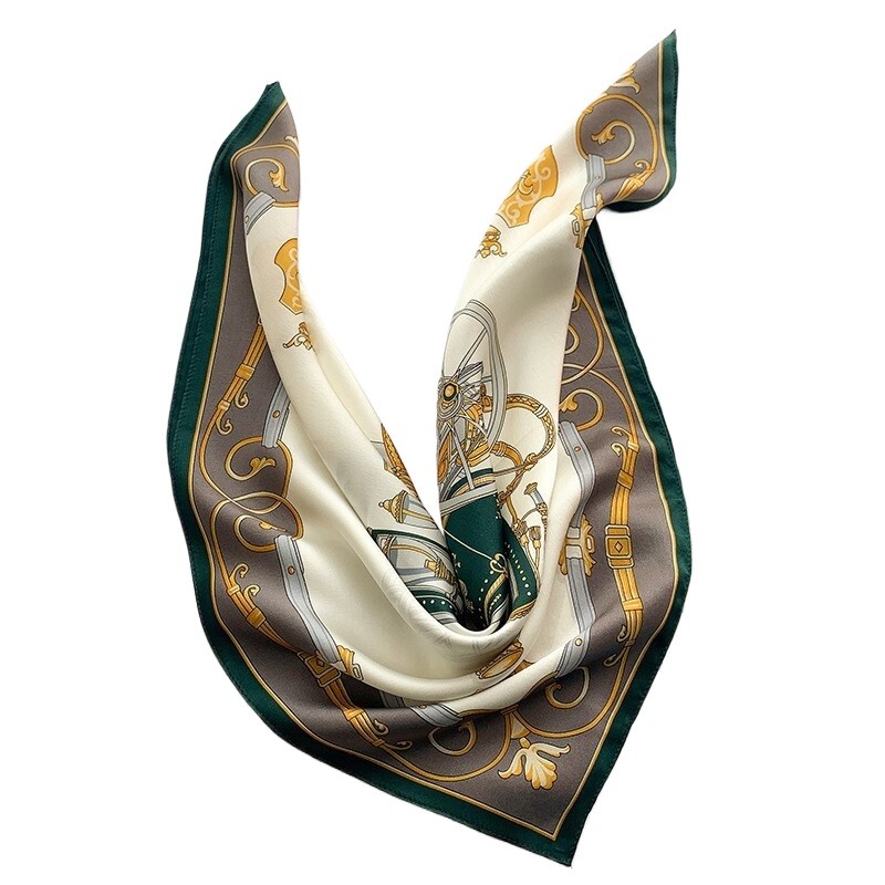 100% Silk 26''Scarf Women Vintage Green Carriage Kerchief Head Neck Hair Bandana