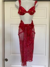 3 PC SWIMSUIT Bikini MED Red Pink Floral SET NWT