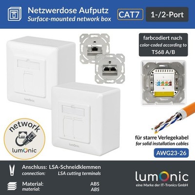 Netzwerkdose Aufputz CAT7, 1-/2-Port RJ45, ohne Stemmen nachrüsten, LSA-Montage,