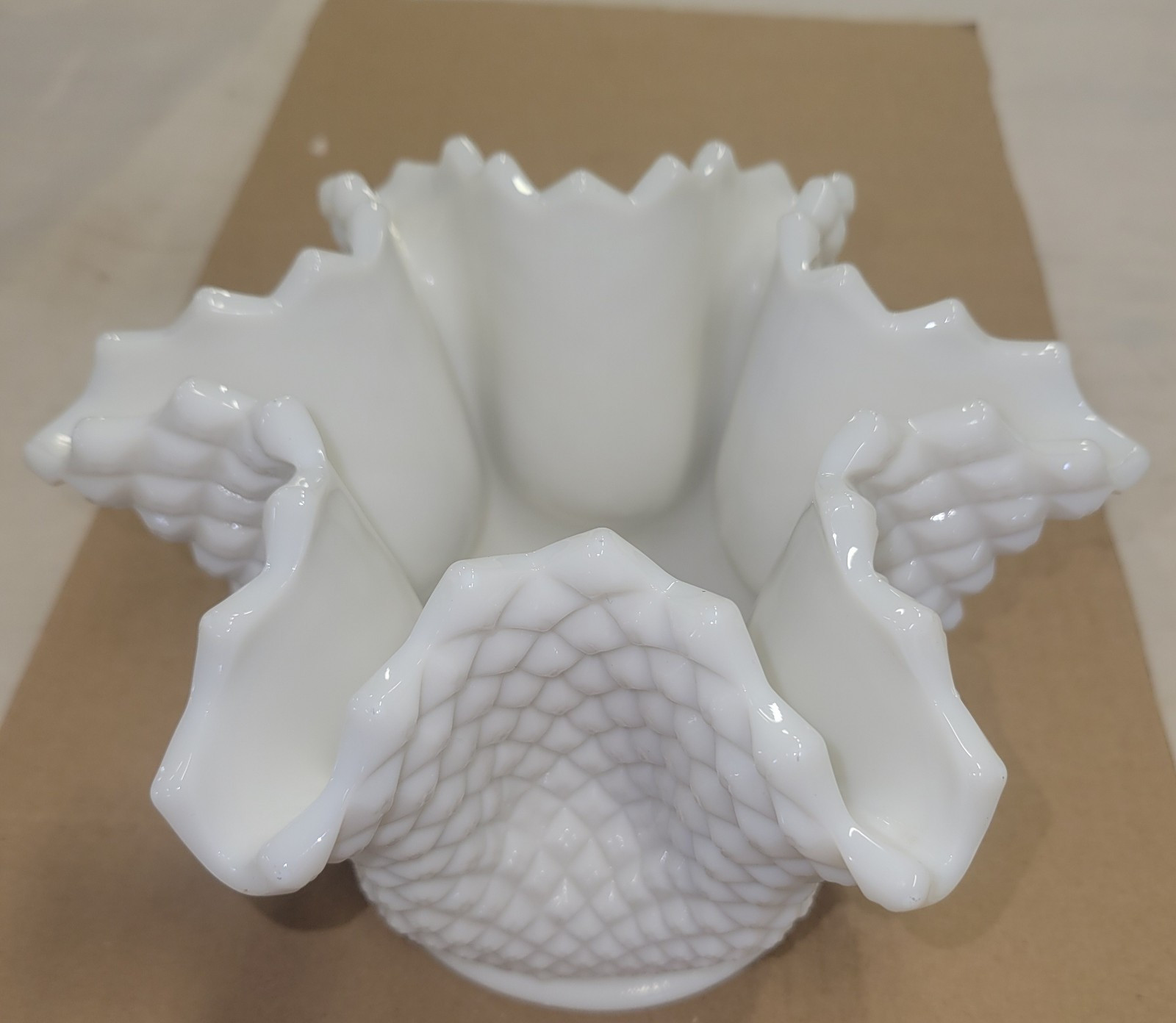 Vintage Westmoreland Milk Glass Hobnail Diamond Crimp Vase