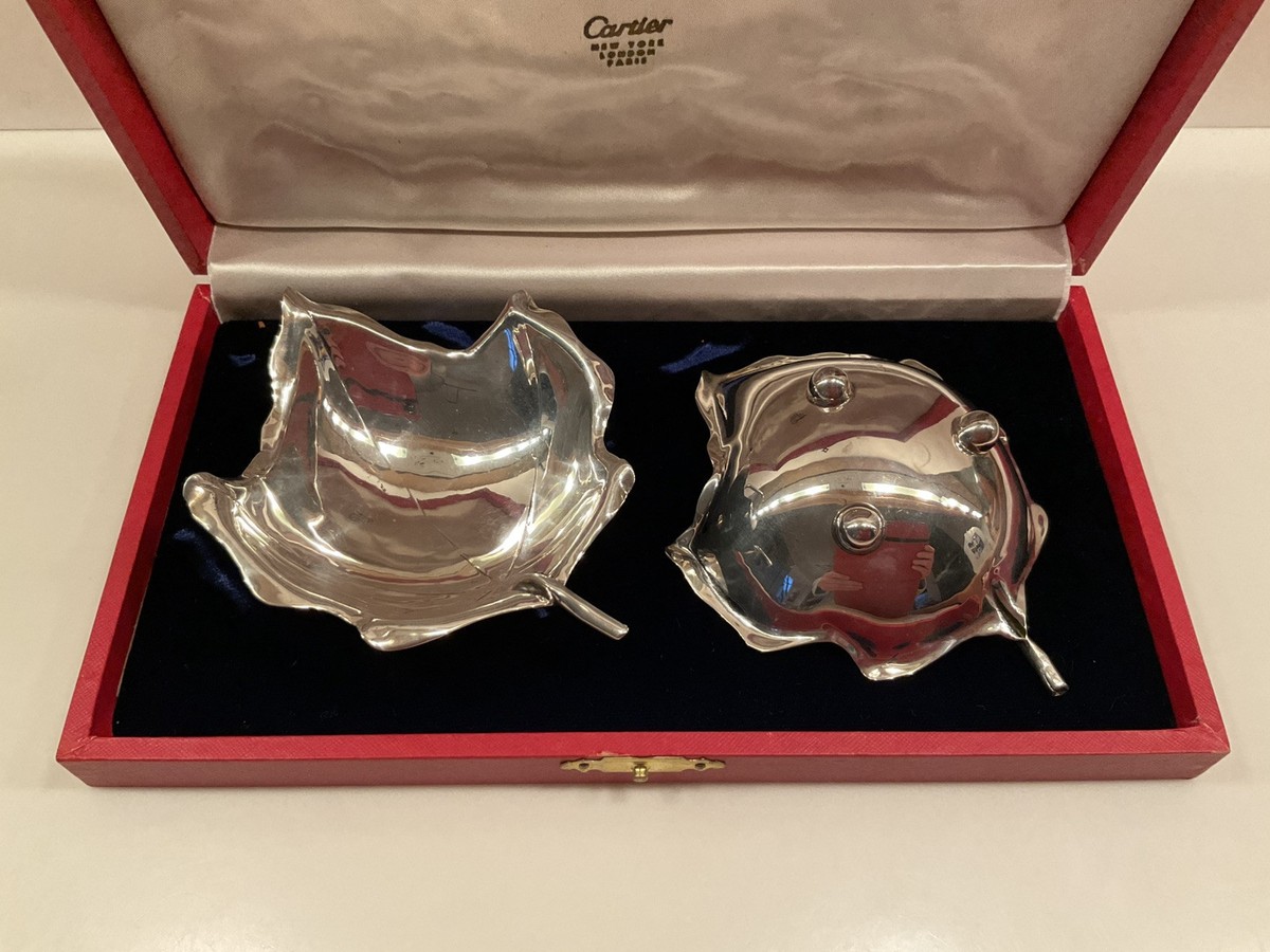 CARTIER Vintage Sterling Silver Maple Leaf Candy Nut Dish Set-with