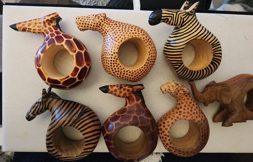 Vintage Wood Jungle Animals Napkin Rings Set Of 7 Zebra Elephant Leopard Giraffe