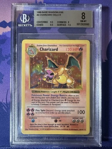 1999 Pokémon Charizard Holo Shadowless BGS 8 – Strong Subgrades 9/9/9 – Base Set