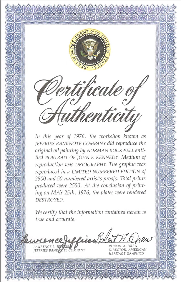 Litografia NORMAN ROCKWELL JOHN F KENNEDY numerada edição limitada impressão JFK certificado de autenticidade - Imagem 2 de 4