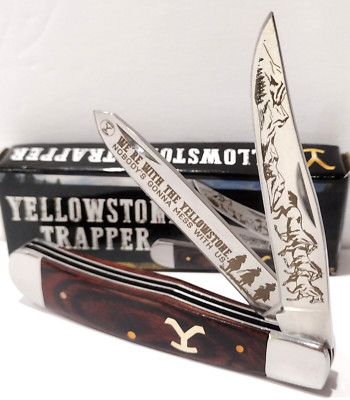 Yellowstone 4'' Closed Brown Wood 2 Blade Trapper  Slipjoint Ranch Pocket Knife