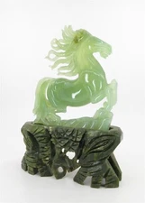 Chinese Translucent Xiu Jade Horse atop Stone Carved Base 9.25" Tall x 6.25"