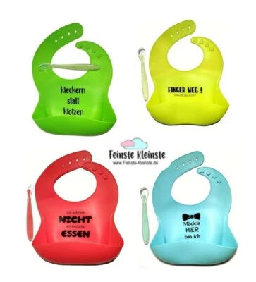 8 Teile Set 4 Silikonlätzchen Latz+4 Löffel BPA-Frei Auffangschale cooler Spruch - Bild 1 von 4