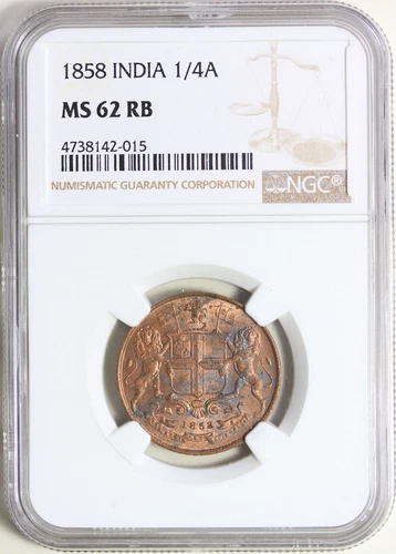 1858 India 1/4 Anna NGC MS62 RB