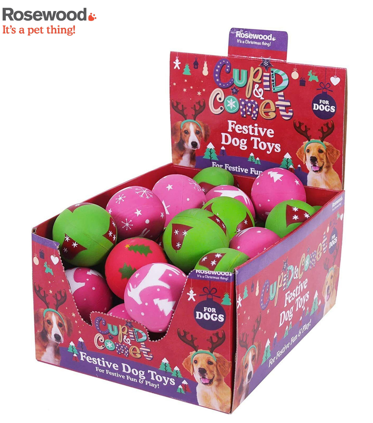 12 PACK ROSEWOOD CHRISTMAS RUBBER DOG TOY BALLS PUPPY FETCH CATCH PLAY