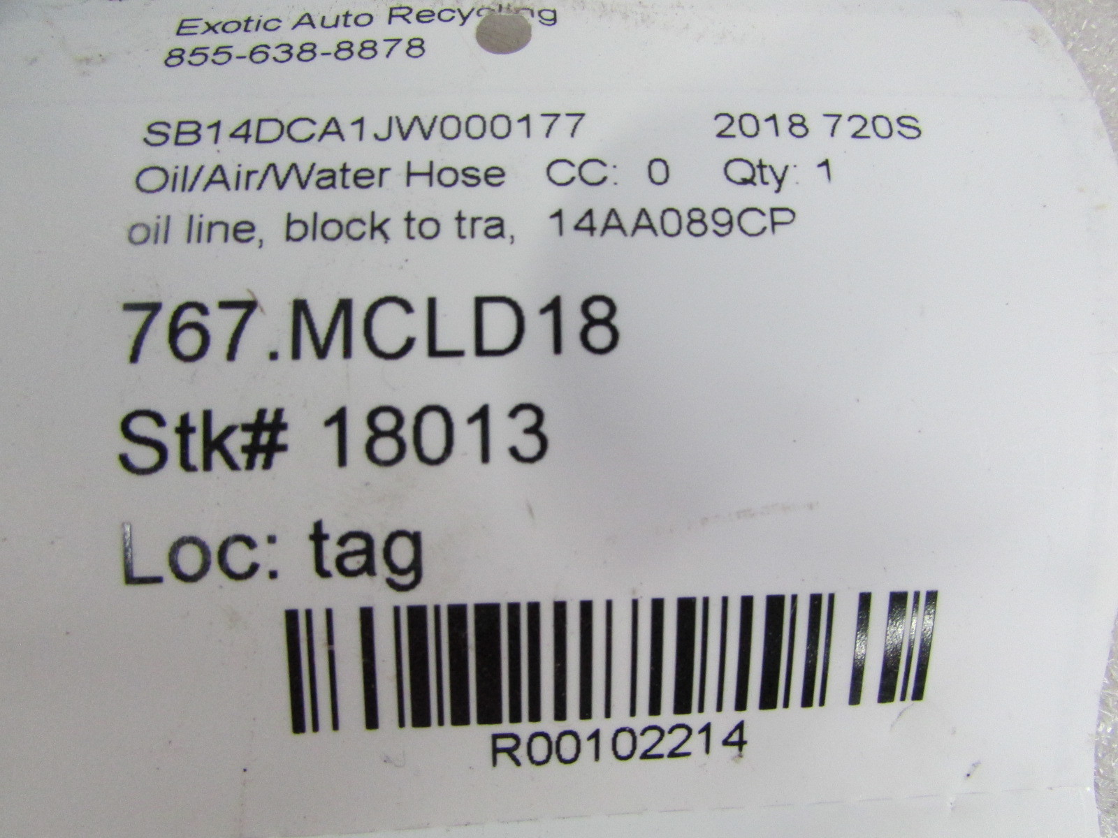 Mclaren 720S, Block to Transmission Oil Line, Used, P/N 14AA089CP