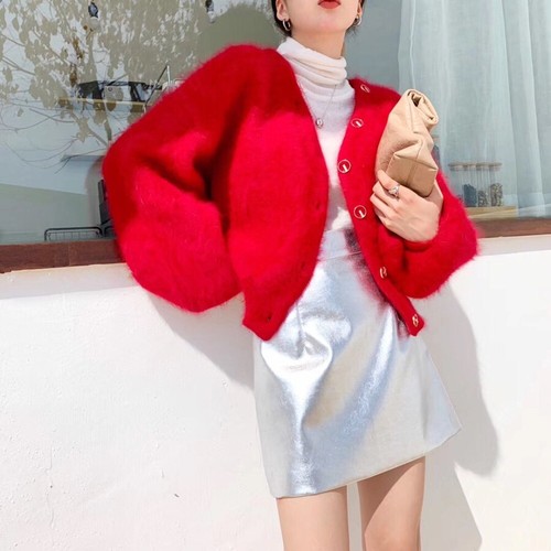 Korea Warm Faux Mink Velvet Fur Lantern Sleeve Cardigan Sweater Jacket Womens - Picture 22 of 27