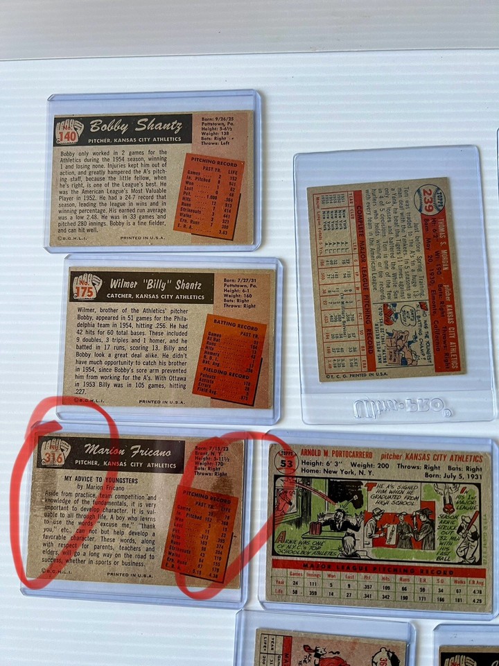 X 10 1950s Topp’s KC Kansas City A’s Athletic’s Vintage Baseball Cards