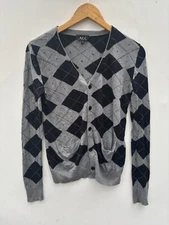 A.P.C. Argyle Cardigan Blue Gray Sweater V Neck Small Cotton Blend Preppy