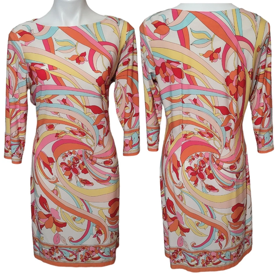 London Times Floral Colorful Shift Dress Sz 12 Groovy Hippie Print 70s Style - Image 2 of 3