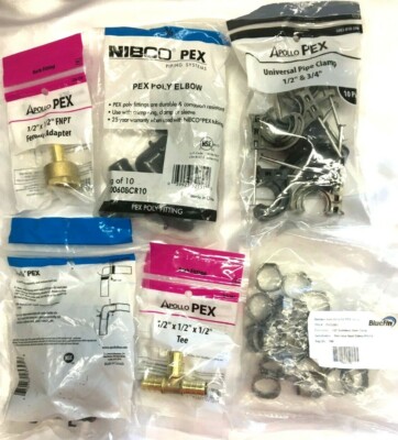 Pex Lot 1/2'' Fml Adapter, 3/4'' Tee, 1/2'' Tee, 1/2'' Pipe Clamp, Poly Elbow, Clamp