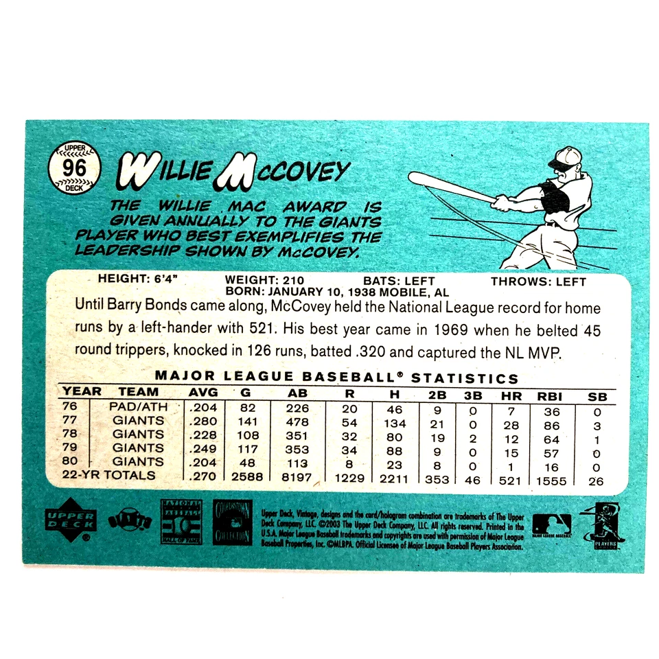 Willie McCovey 2003 Upper Deck Vintage Card #96 MLB San Francisco Giants - Image 2 of 2