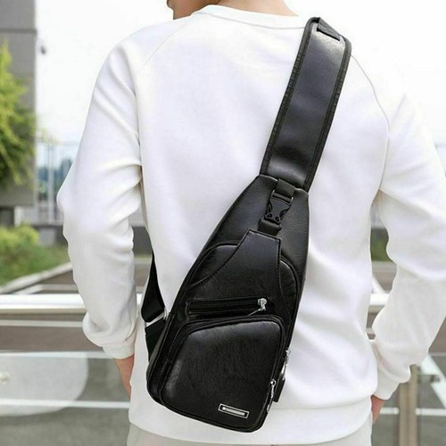 Mens Sling Backpack PU Leather Cross Body Chest Bag Fanny Packs USB Charging NEW - Picture 5 of 15