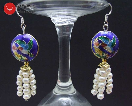 4-5mm Round Natural White Pearl Earring Women 18mm Blue Cloisonne Dangle Earring - Picture 5 of 28
