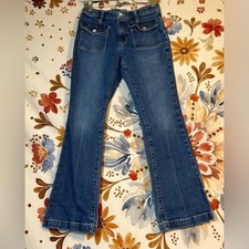 Old Navy Girls 14/16 HighRise Flare Preppy School Button Patch Pocket Blue Jeans