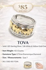 TOVA Elephant Ring Diamonique Diamond 0.75ctw 925 Silver 18k Gold Size 7
