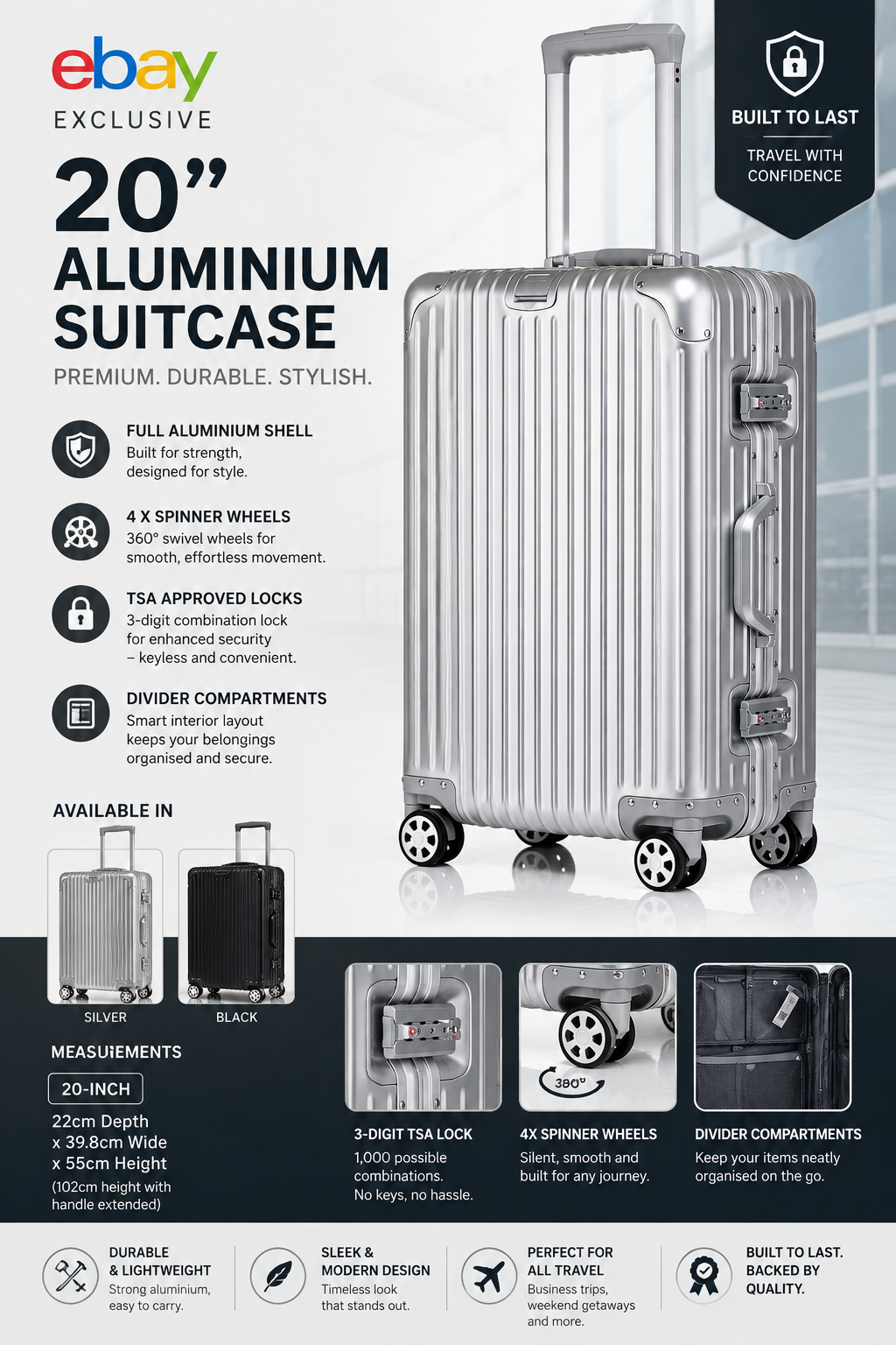 Aluminium Suitcase Carry On cabin Travel Spinner Case 20  Silver Rimo