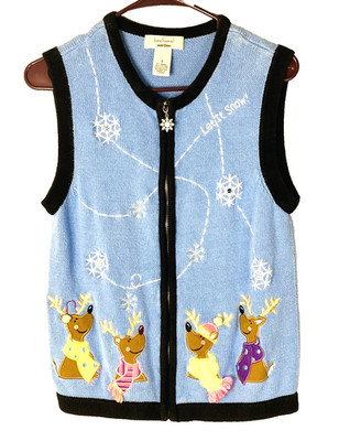 Womens Bechamel Small Appliqué Reindeer Fun Christmas Sweater Vest Blue Festive