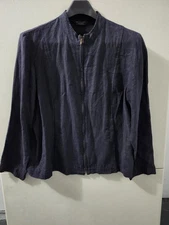 David Dart Jacket Womens L Blue Full Zip 100% Linen Collar Band Relax Wide Boxy