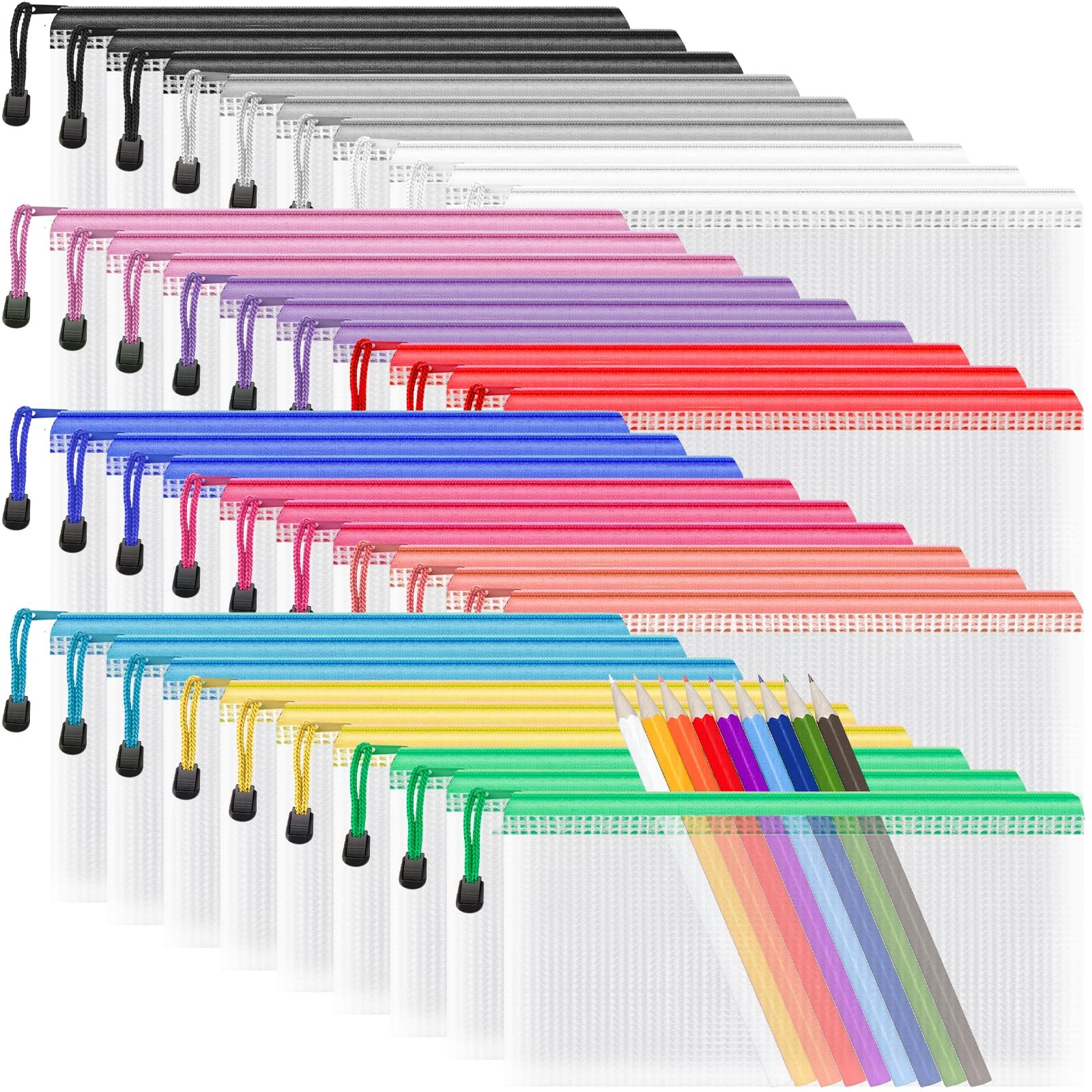 Pouches Bulk, 9.2 X 4.7 In (12 Colors, 36 Packs), Mesh Zippe
