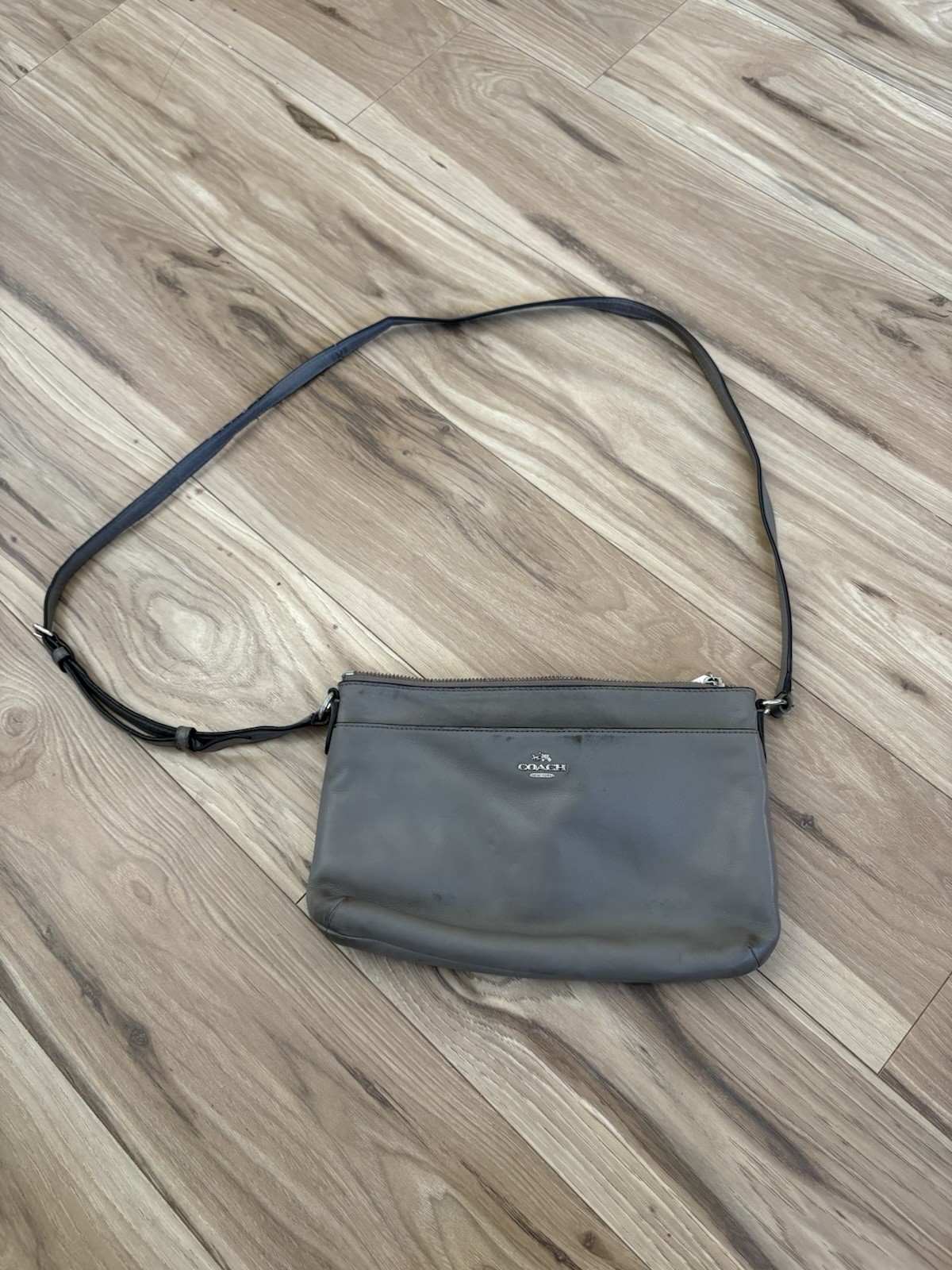 Coach Gray Leather Crossbody Bag with Silver Metal Hardware