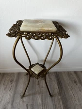 Antique Victorian Baroque Brass & Onyx 2-Tierd Plant Stand Table