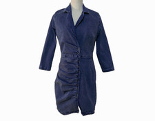 Venus Blue Denim Dress Jean Stretch Bodycon Ruched Snaps Slit Collared Small