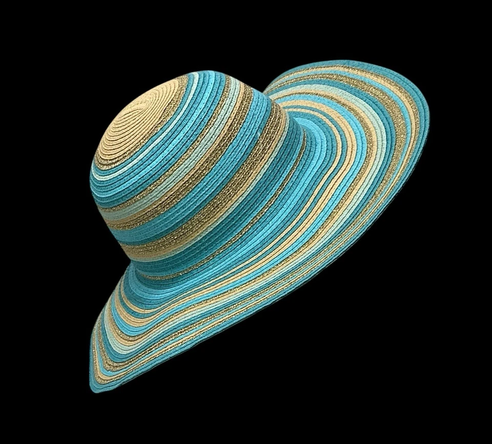 Sombrero para el sol de ala ancha Jaclyn Smith azul tostado dorado rayas metálicas Beach Resort Cruis Foto 2 de 4