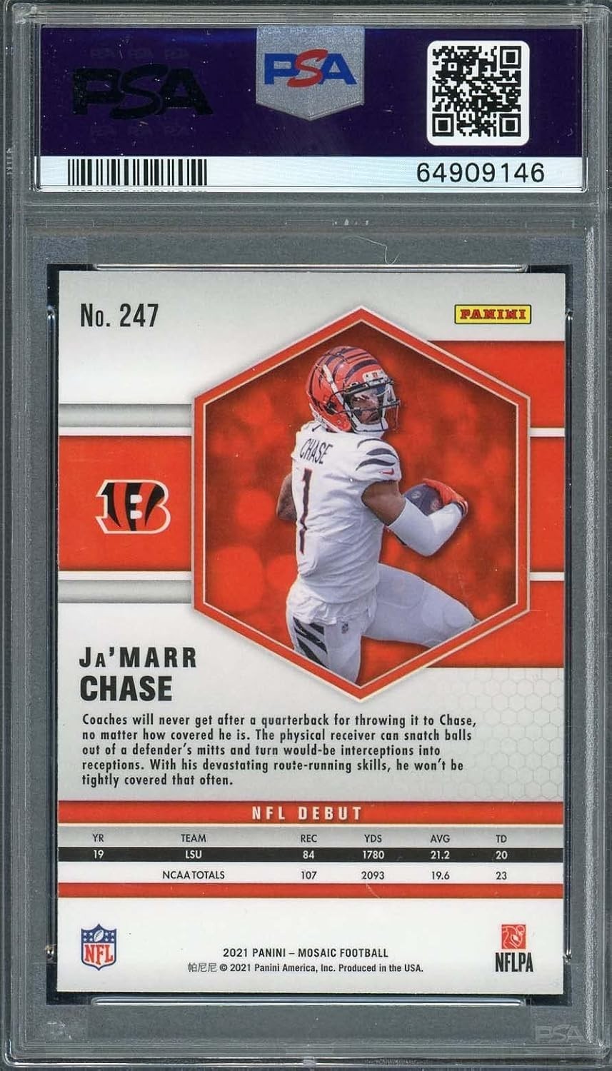Ja'Marr Chase 2021 Panini Mosaic Football Rookie Card RC #247 Graded PSA 10 view 2