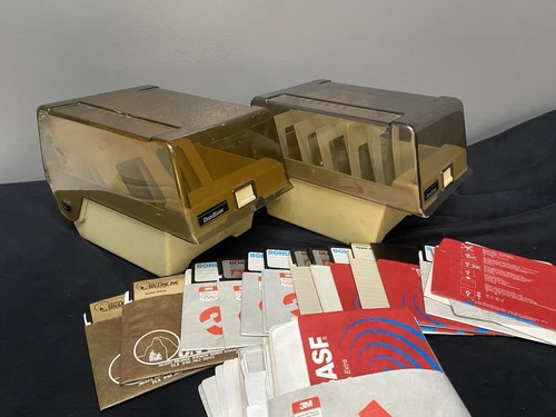 2 Vintage DiskBank 5.25” Floppy Disc Box Case Holders w/ Dividers & Discs